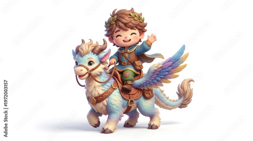 Naklejka premium Joyful Child Riding Mythical Creature with Wings and Smiling Expression