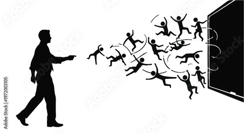 Man controlling a stream of people emerging from a screen