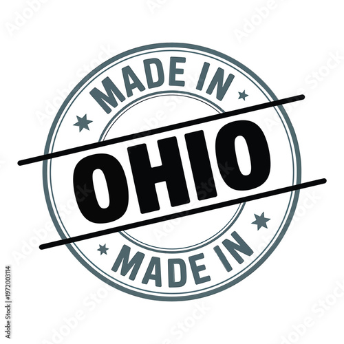 A circular badge proclaiming made in ohio with a star pattern