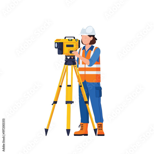 Professional female surveyor operates a total station, performing accurate land measurement for civil engineering and construction site development, depicted in a modern vector illustration