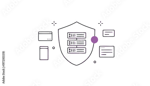 Stylized Server Shield Illustration with Surrounding Interface Elements.