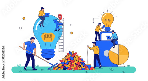 People collaborating on creative business ideas and raking leaves