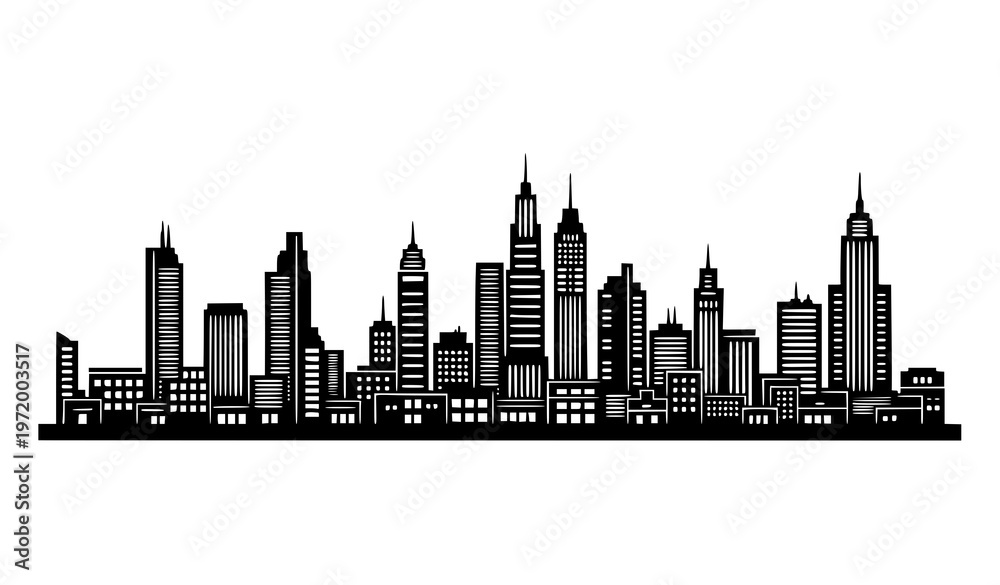 Fototapeta premium A black and white vector graphic illustration of a city skyline