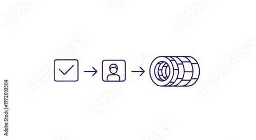 Simple illustration of a process with check mark, person, and cylinder.