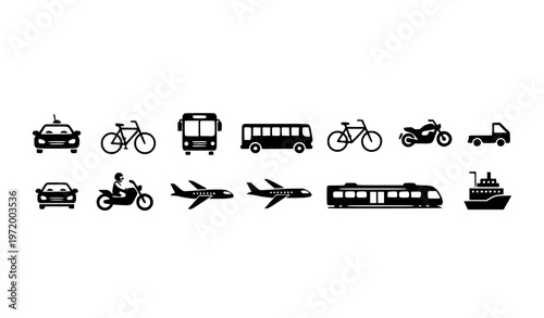 A set of black silhouette icons depicting various modes of transportation