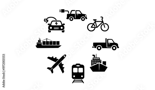 A set of black silhouette icons representing various transportation modes