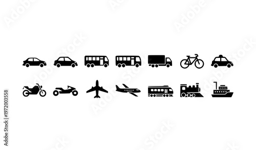 A set of black silhouette icons representing various modes of transportation