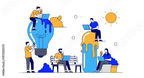 People working on laptops and eating ice cream in hot summer heat