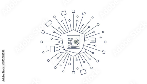 Shield with Data and Connections - Cybersecurity Concept Illustration.
