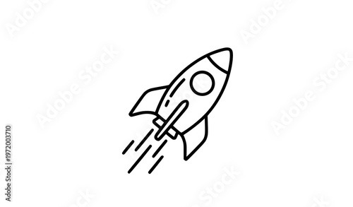 A minimalist line art illustration of a rocket ship in flight