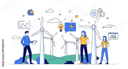 Wind Farm with Professional Engineers Monitoring Wind Turbines