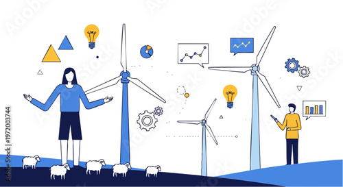 Sustainable wind energy farm landscape with people and data icons