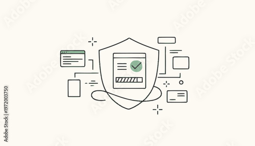 Shielded Website Security Illustration Against Cyber Threats and Data Breaches.