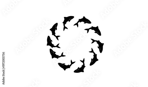 A circular vector graphic of dolphins swimming in a clockwise direction