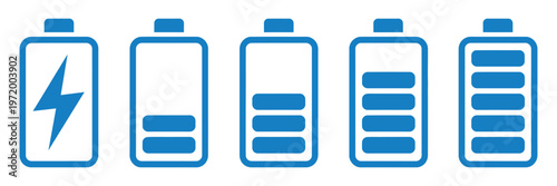 Batteries icon set, battery charge indicator and battery level energy full vector template, line outline icons for charging status, power indicator, and technology UI design.