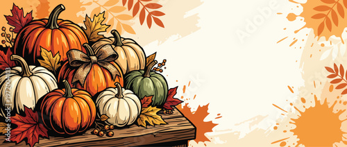 Thanksgiving Holiday Pumpkins and Autumn Leaves on a Wooden Table Digital Art Illustration