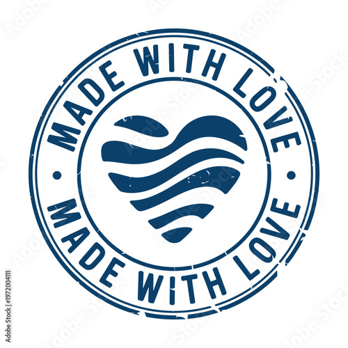 Circular stamp featuring text and a heart proclaiming made with love