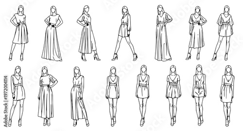 various poses of a woman in different outfits