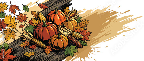 Thanksgiving Harvest Arrangement with Pumpkins Corn and Autumn Leaves on Wood