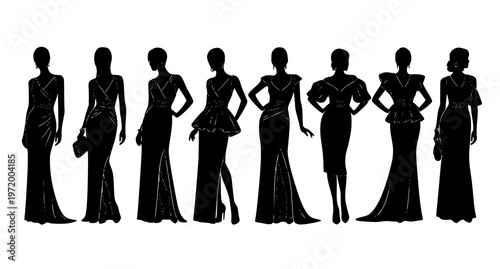 seven elegant women in formal evening gowns