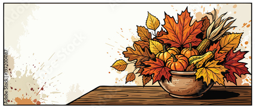 Thanksgiving Harvest Arrangement with Colorful Autumn Leaves and Seasonal Squash