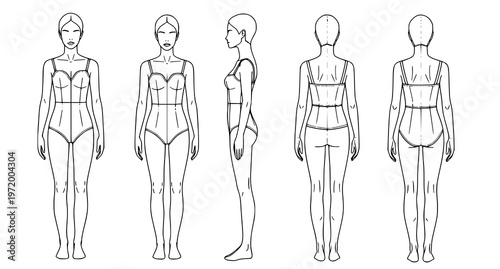 five female body outlines in different poses and views