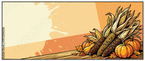 Thanksgiving Harvest Corn and Pumpkins Banner with Broad Empty Background