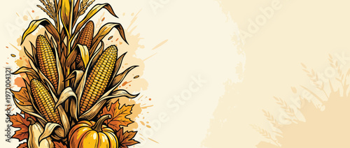 Thanksgiving Harvest Corn with Pumpkins and Leaves Autumn Theme Banner