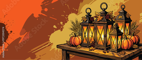 Thanksgiving Harvest Lanterns with Pumpkins and Autumn Leaves Adorned on Wooden Surface