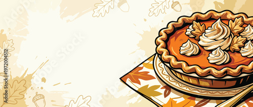 Thanksgiving Pumpkin Pie Food Illustration with Whipped Cream and Golden Oak Leaves