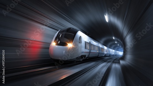 High-Speed Train Traveling Through a Modern Tunnel at Night