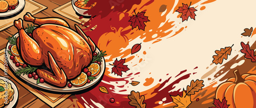 Thanksgiving Feast Whole Roast Turkey with Autumn Decorations on a Wooden Table