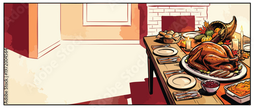 Thanksgiving Dinner Table Featuring Roast Turkey and Festive Arrangement Illustration