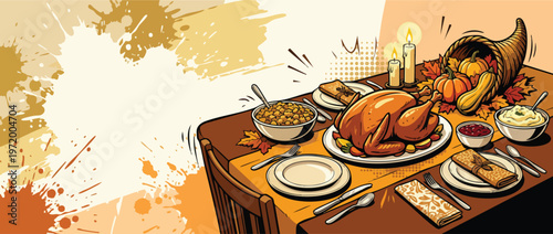 Thanksgiving Table Setting with Turkey and Comic Burst Accents for Festive Designs