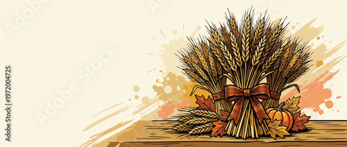 Thanksgiving Harvest Wheat Bundles with Pumpkin and Autumn Leaves Design