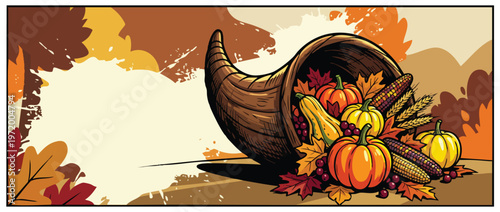 Thanksgiving Abundance Horn Filled with Autumn Harvest for Celebration Banners
