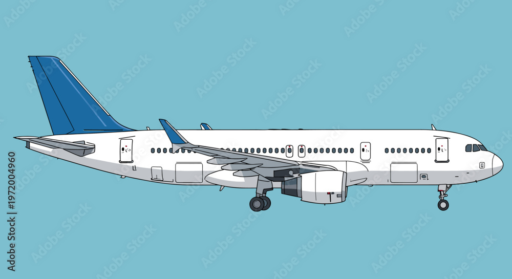 Obraz premium Side view illustration of a white commercial passenger jet airplane with blue tail and wingtips, against a solid light blue background.