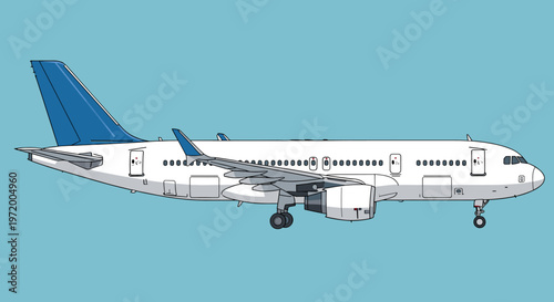 Side view illustration of a white commercial passenger jet airplane with blue tail and wingtips, against a solid light blue background.
