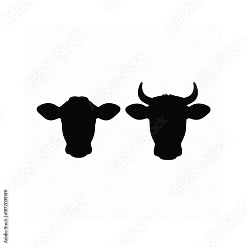 Silhouettes of two cows heads against a plain white background