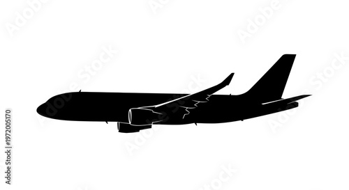 Silhouette of a modern passenger airplane with wings and tail clearly visible against a white background.