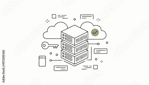 Stylized Cloud Server Stack with Security Key and Checkmark.