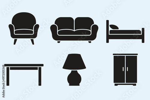 Minimalist furniture icon set with 6 black silhouettes, modern home interior decor elements, living room and bedroom furniture vector collection