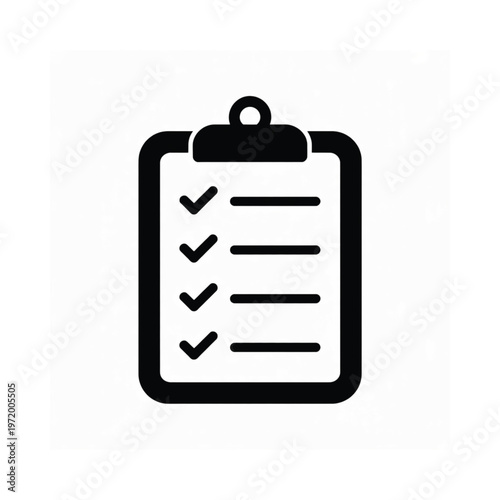 A black and white icon depicting a clipboard with checkmarks