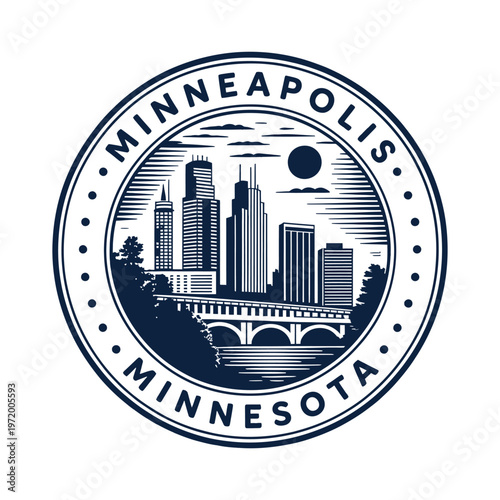 Quadro su tela Vintage style circular emblem featuring the minneapolis skyline and bridge