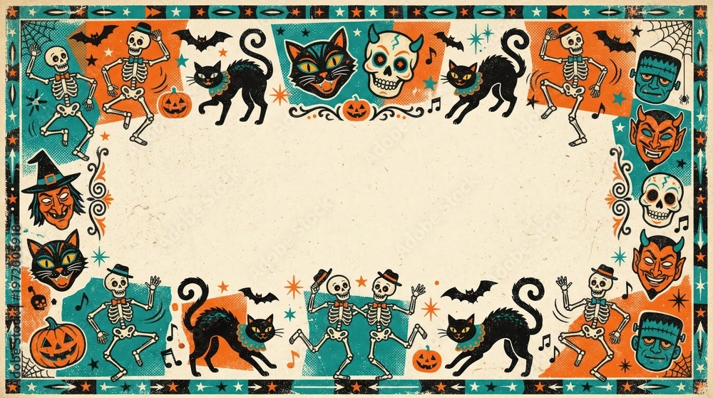 Naklejka premium Halloween themed border with cats and decorations.