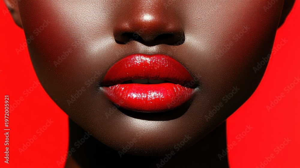 Obraz premium Dramatic Beauty: Close-Up of Woman with Bold Red Lips and Dark Skin