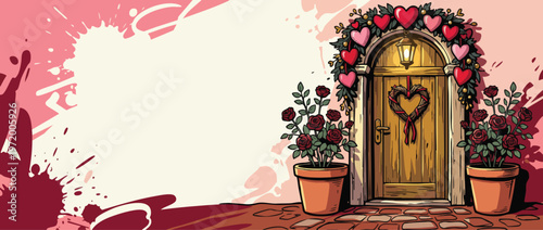 Valentine Love Doorway with Red Hearts and Rose Bushes