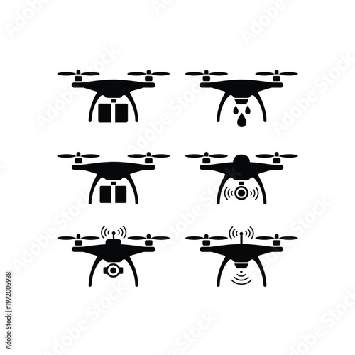 Collection of black drone icons displaying various functionalities and features
