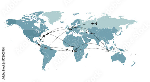 Global air travel routes connecting continents and major cities across the world, illustrating international connectivity and flight paths.
