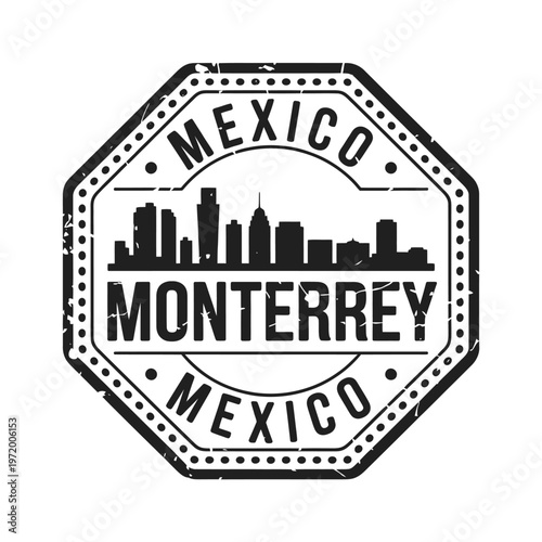 A vintage style stamp depicting the city skyline of monterrey mexico